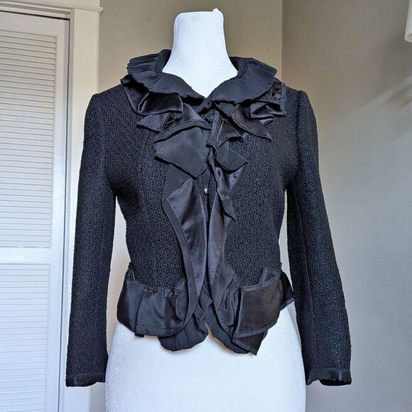Designer Obzee Kang Jin Young Black Jacket Evening Ruffle Wool Whimsigoth Size S - Picture 1 of 15